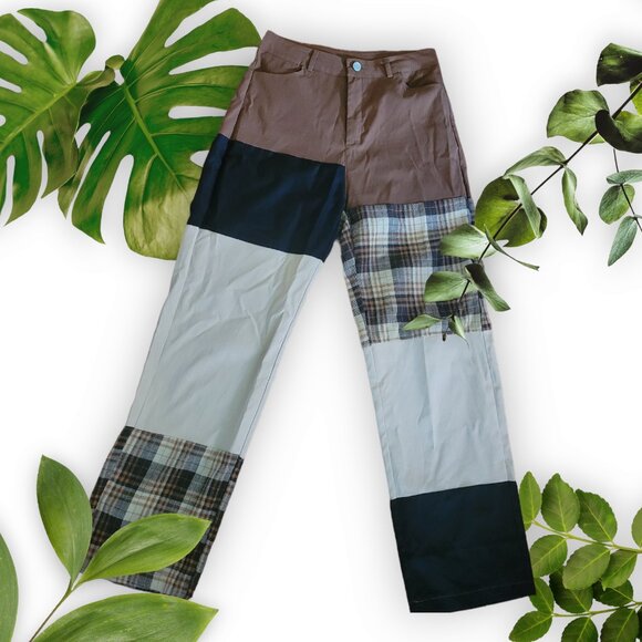Light Patchwork Slacks Romwe - Plaid Tan Brown Size M - Picture 1 of 9